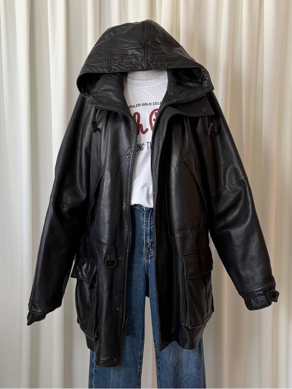 Vintage 90s Polo Sport Ralph Lauren Leather Parka Jacket Hooded Black XL Rare. - Picture 2 of 16